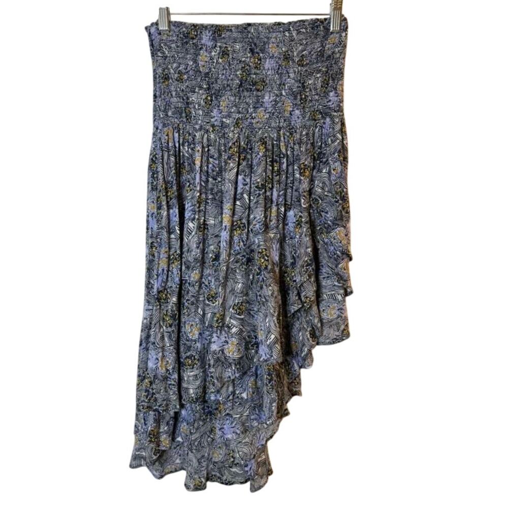 Free People Asymmetrical Handcerchief Midi Skirt Smocked Pull-on in Blue sz. XS